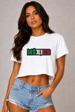 Short Sleeve Cropped Cotton Mexico Print Shirt