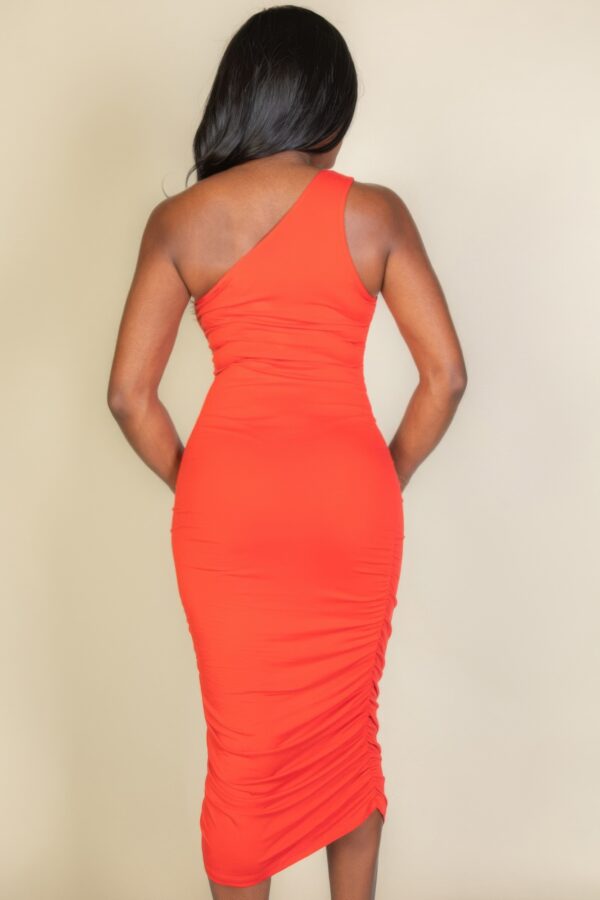 Ruched One-Shoulder Midi Bodycon Dress – Solid Colors