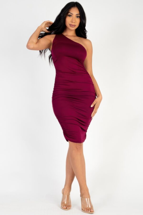 Ruched One-Shoulder Midi Bodycon Dress – Solid Colors