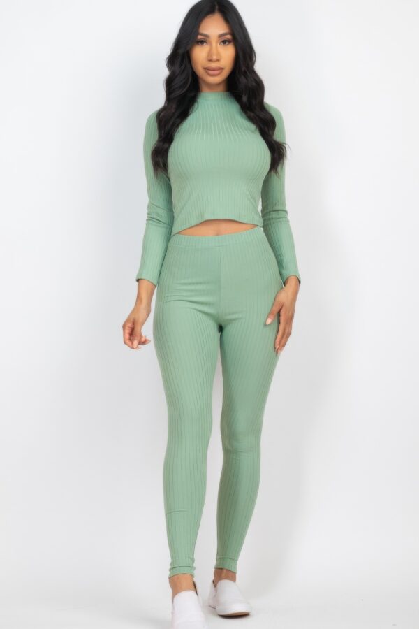 Ribbed Mock Neck Top & Leggings Set – High-Stretch Jersey