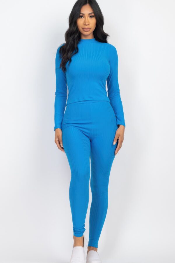 Ribbed Mock Neck Top & Leggings Set – High-Stretch Jersey