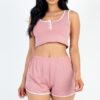 French Terry Cropped Tank & Shorts Set – Button Front with Contrast Trim