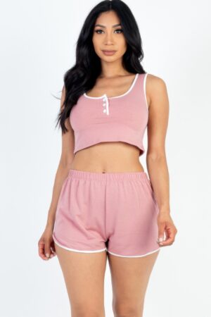 French Terry Cropped Tank & Shorts Set – Button Front with Contrast Trim