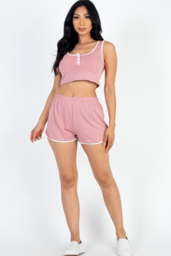 French Terry Cropped Tank & Shorts Set – Button Front with Contrast Trim
