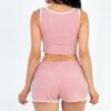 French Terry Cropped Tank & Shorts Set – Button Front with Contrast Trim