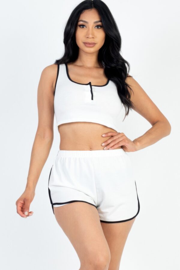 French Terry Cropped Tank & Shorts Set – Button Front with Contrast Trim