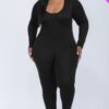 Plus-Size Scoop Neck Long-Sleeve Bodycon Jumpsuit