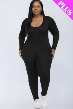 Plus-Size Scoop Neck Long-Sleeve Bodycon Jumpsuit