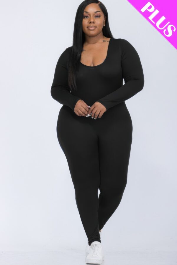 Plus-Size Scoop Neck Long-Sleeve Bodycon Jumpsuit