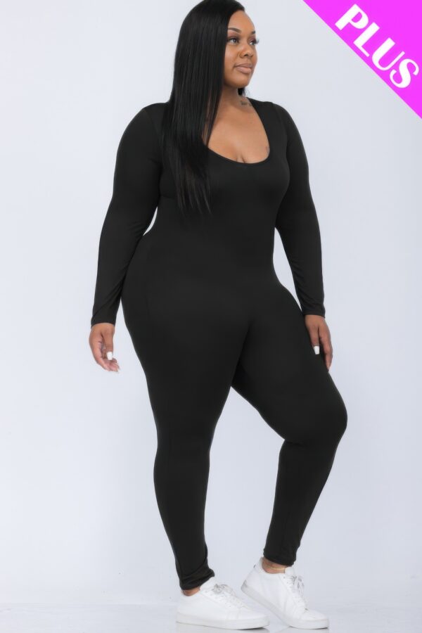 Plus-Size Scoop Neck Long-Sleeve Bodycon Jumpsuit