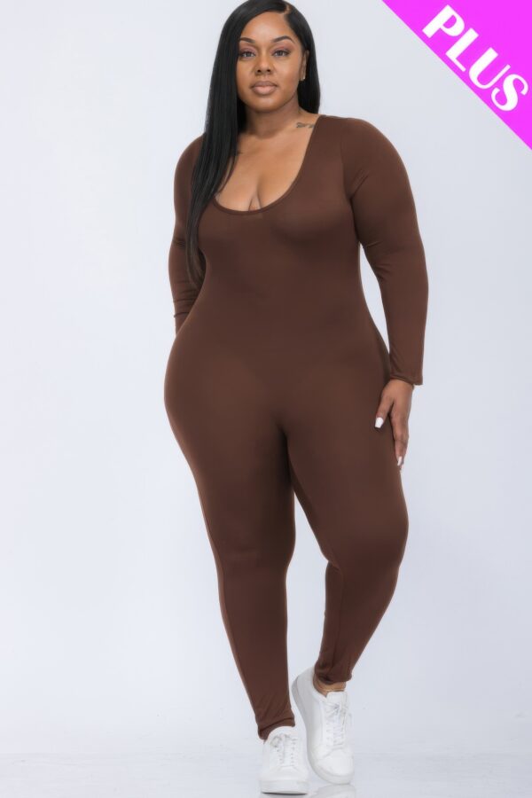 Plus-Size Scoop Neck Long-Sleeve Bodycon Jumpsuit