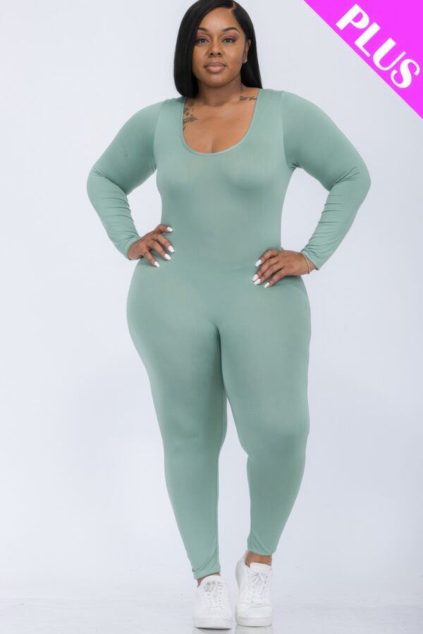Plus-Size Scoop Neck Long-Sleeve Bodycon Jumpsuit