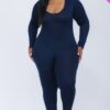 Plus-Size Scoop Neck Long-Sleeve Bodycon Jumpsuit