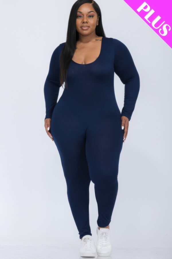 Plus-Size Scoop Neck Long-Sleeve Bodycon Jumpsuit