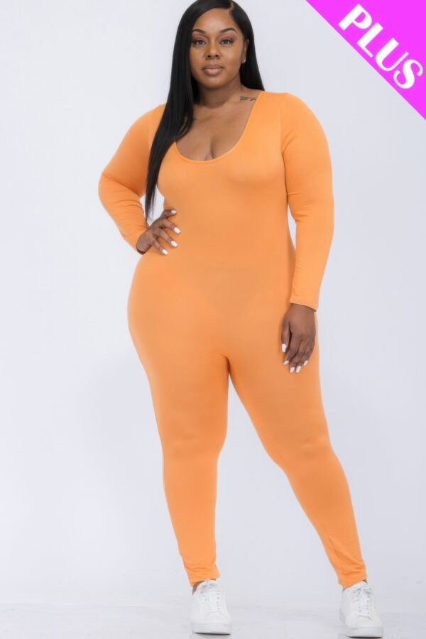 Plus-Size Scoop Neck Long-Sleeve Bodycon Jumpsuit