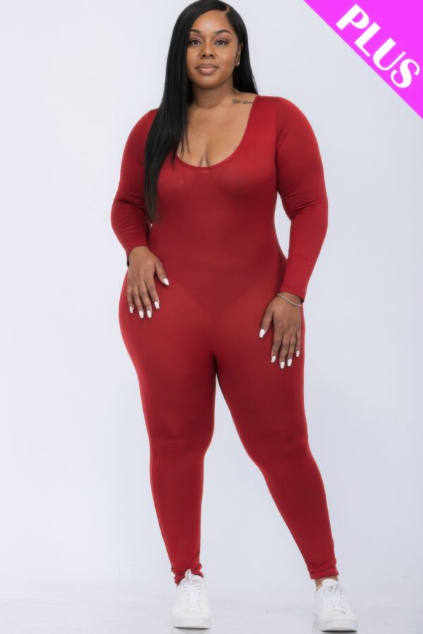 Plus-Size Scoop Neck Long-Sleeve Bodycon Jumpsuit