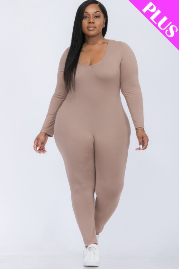 Plus-Size Scoop Neck Long-Sleeve Bodycon Jumpsuit