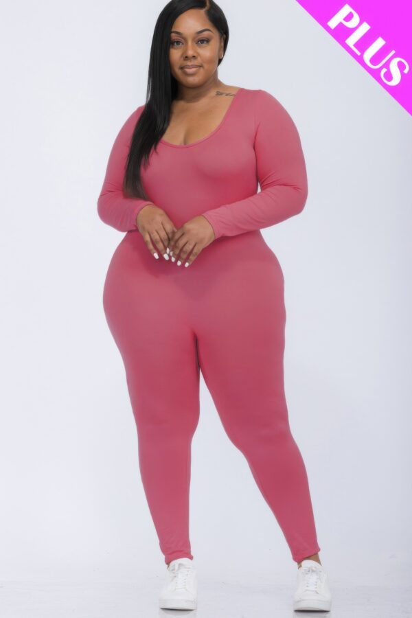 Plus-Size Scoop Neck Long-Sleeve Bodycon Jumpsuit