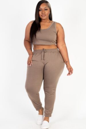 Plus Size French Terry Cropped Tank & Joggers Set – Drawstring Waist