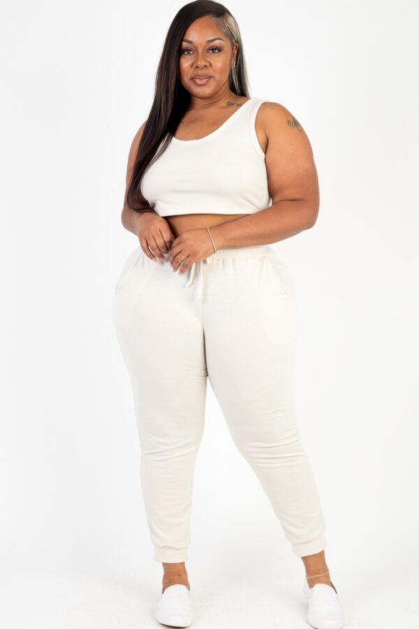 Plus Size French Terry Cropped Tank & Joggers Set – Drawstring Waist