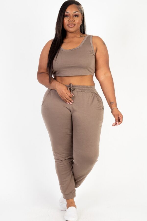 Plus Size French Terry Cropped Tank & Joggers Set – Drawstring Waist