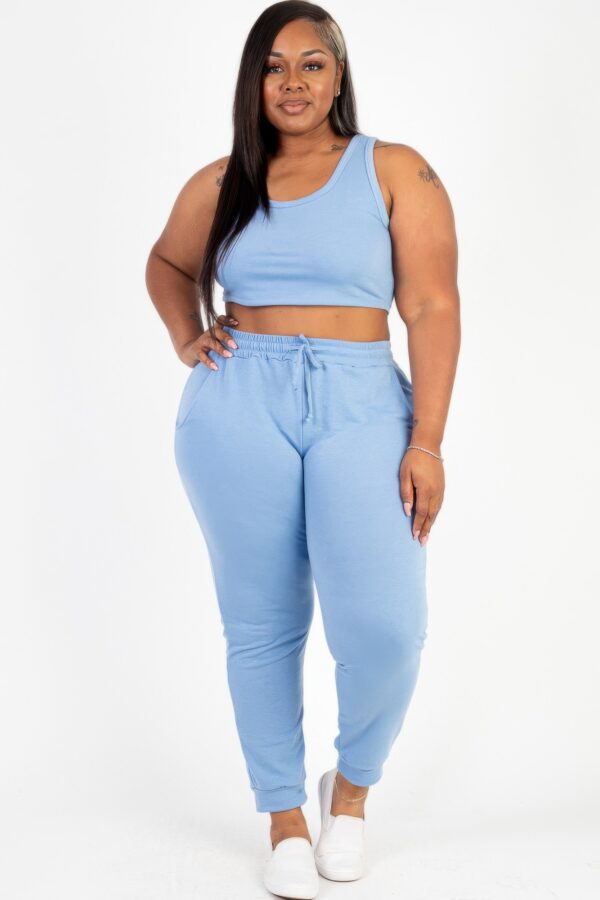 Plus Size French Terry Cropped Tank & Joggers Set – Drawstring Waist