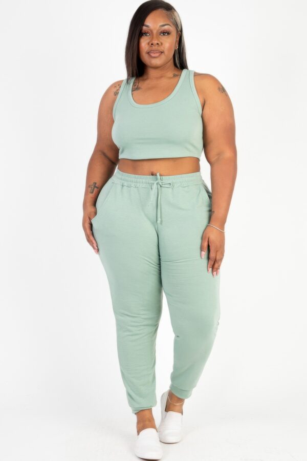 Plus Size French Terry Cropped Tank & Joggers Set – Drawstring Waist