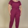 Plus Size Drawstring Short-Sleeve Jumpsuit in Stretch Jersey