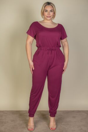 Plus Size Drawstring Short-Sleeve Jumpsuit in Stretch Jersey