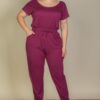 Plus Size Drawstring Short-Sleeve Jumpsuit in Stretch Jersey