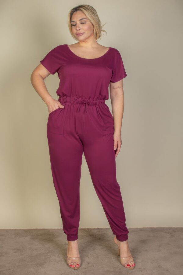 Plus Size Drawstring Short-Sleeve Jumpsuit in Stretch Jersey
