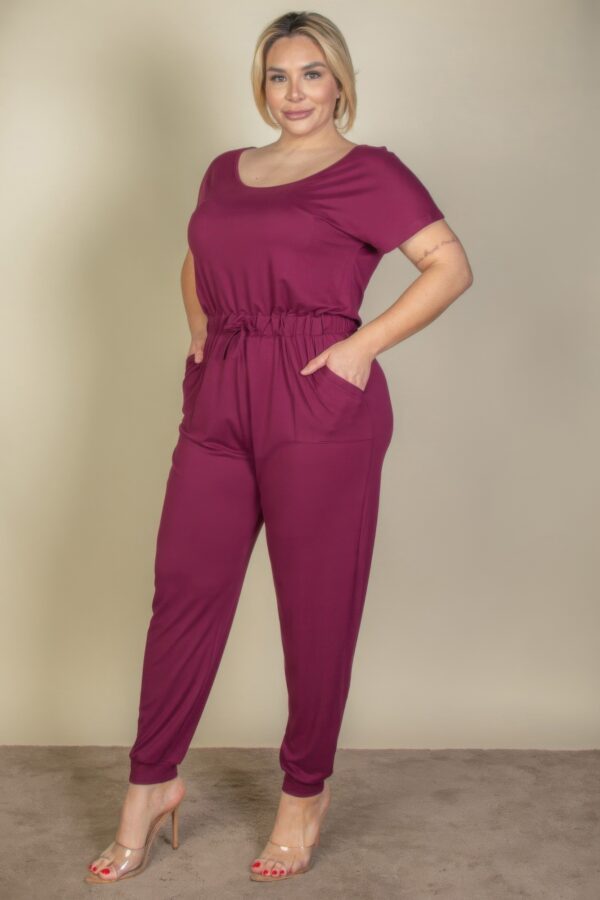 Plus Size Drawstring Short-Sleeve Jumpsuit in Stretch Jersey