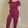 Plus Size Drawstring Short-Sleeve Jumpsuit in Stretch Jersey