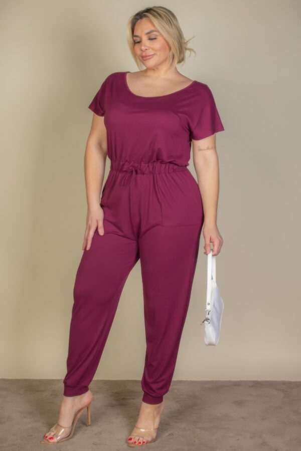 Plus Size Drawstring Short-Sleeve Jumpsuit in Stretch Jersey