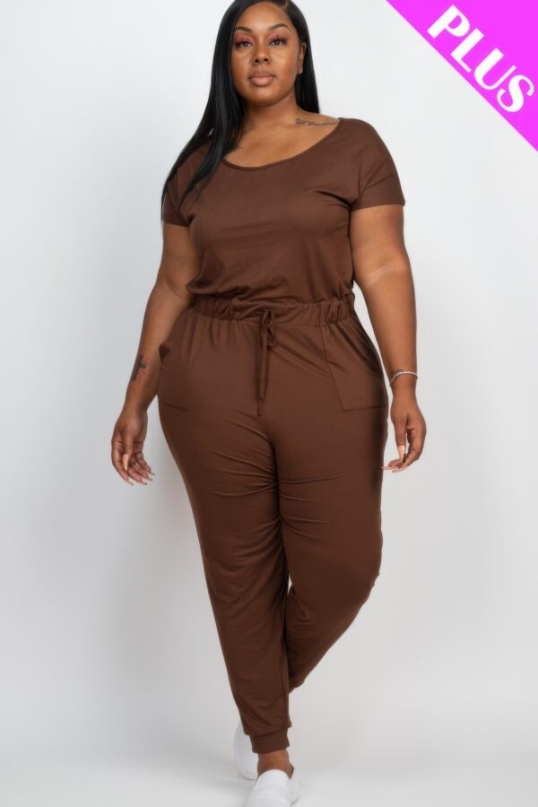 Plus Size Drawstring Short-Sleeve Jumpsuit in Stretch Jersey