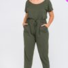 Plus Size Drawstring Short-Sleeve Jumpsuit in Stretch Jersey
