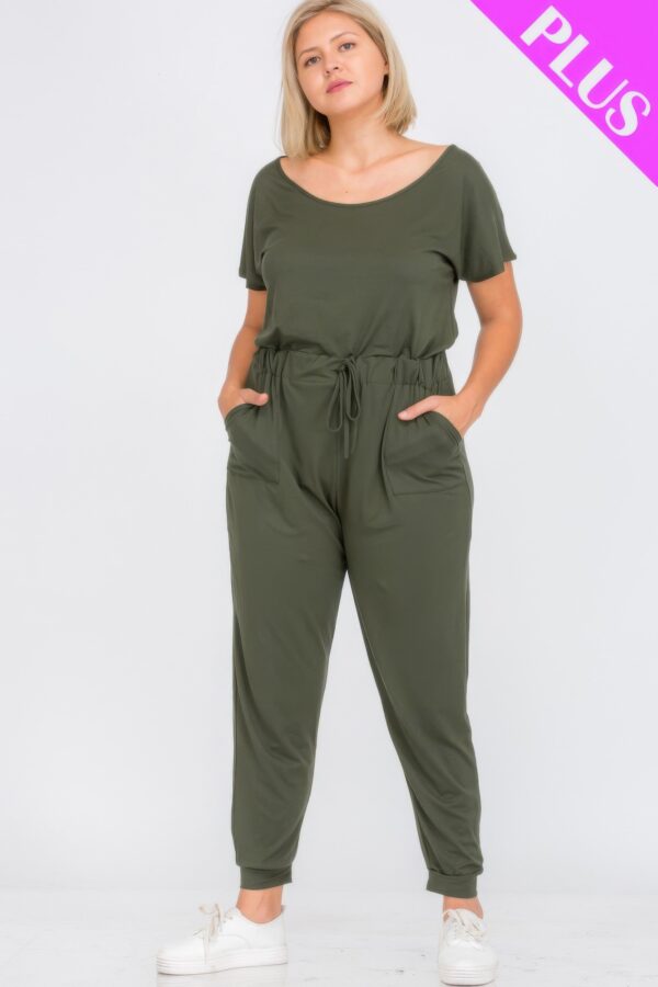 Plus Size Drawstring Short-Sleeve Jumpsuit in Stretch Jersey