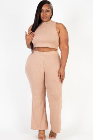Plus-Size Ribbed Mock Neck Crop Top & Bootcut Pants Set