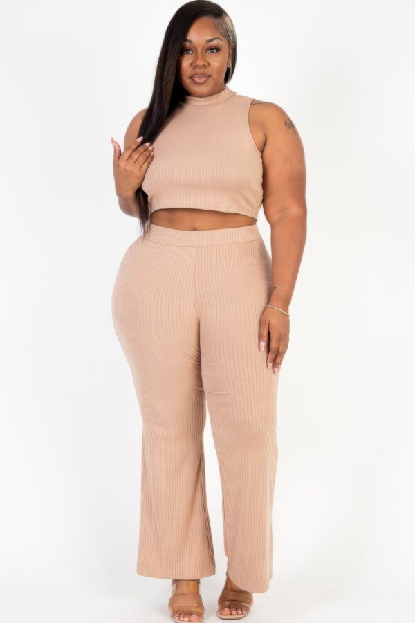 Plus-Size Ribbed Mock Neck Crop Top & Bootcut Pants Set