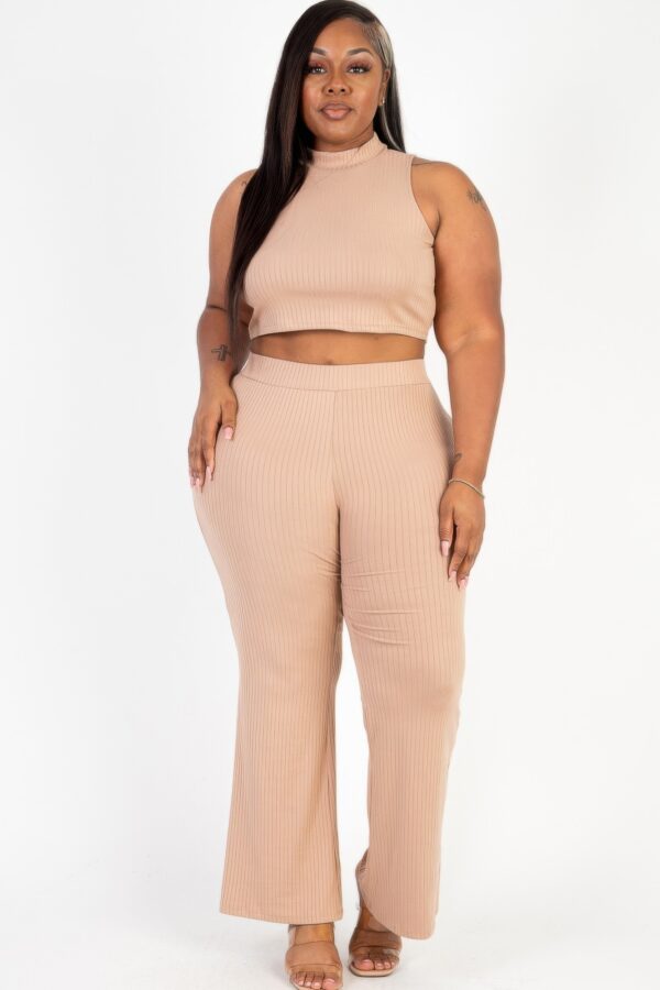 Plus-Size Ribbed Mock Neck Crop Top & Bootcut Pants Set