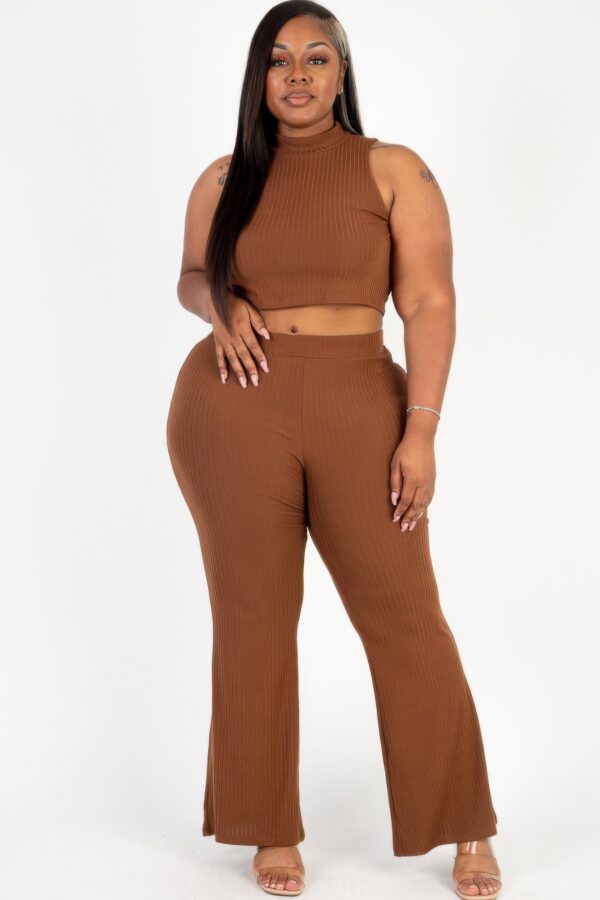 Plus-Size Ribbed Mock Neck Crop Top & Bootcut Pants Set