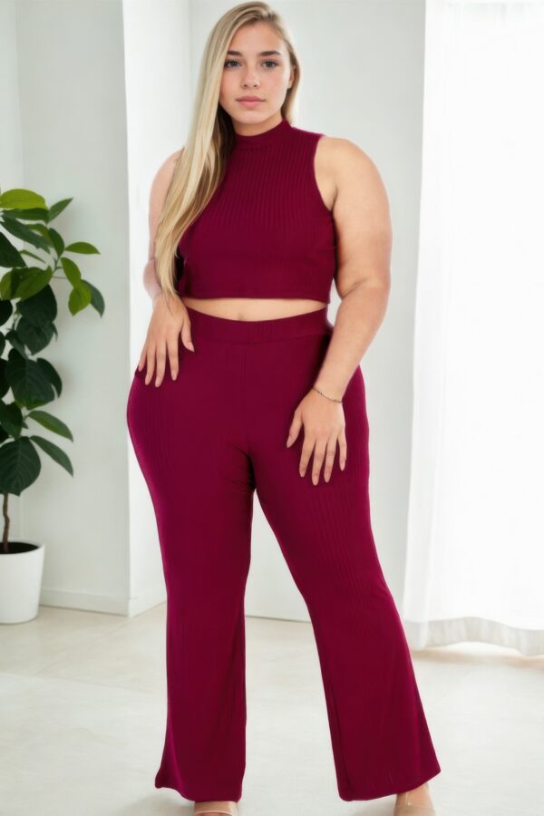 Plus-Size Ribbed Mock Neck Crop Top & Bootcut Pants Set