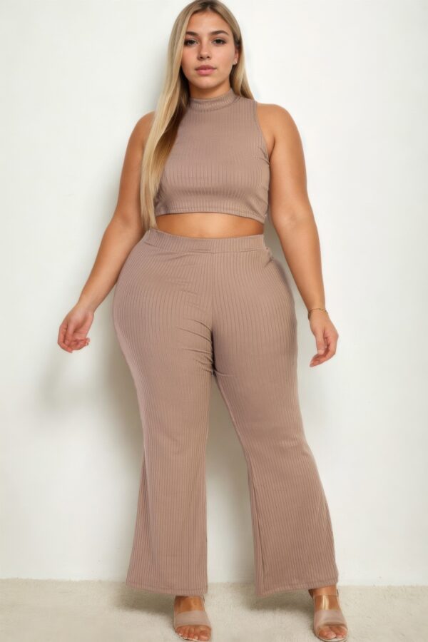 Plus-Size Ribbed Mock Neck Crop Top & Bootcut Pants Set