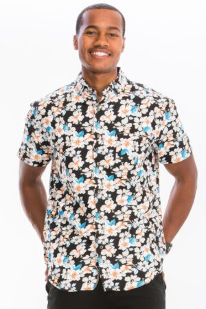 Men’s Tropical Print Hawaiian Button-Down – Black