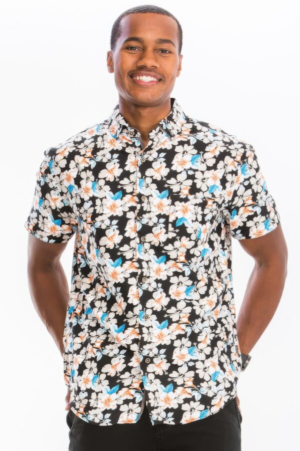 Men’s Tropical Print Hawaiian Button-Down – Black