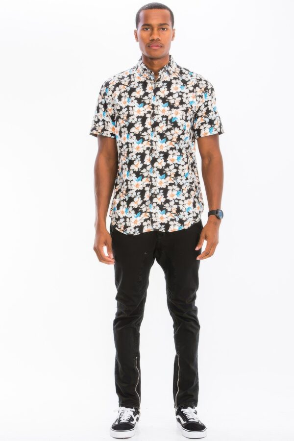 Men’s Tropical Print Hawaiian Button-Down – Black