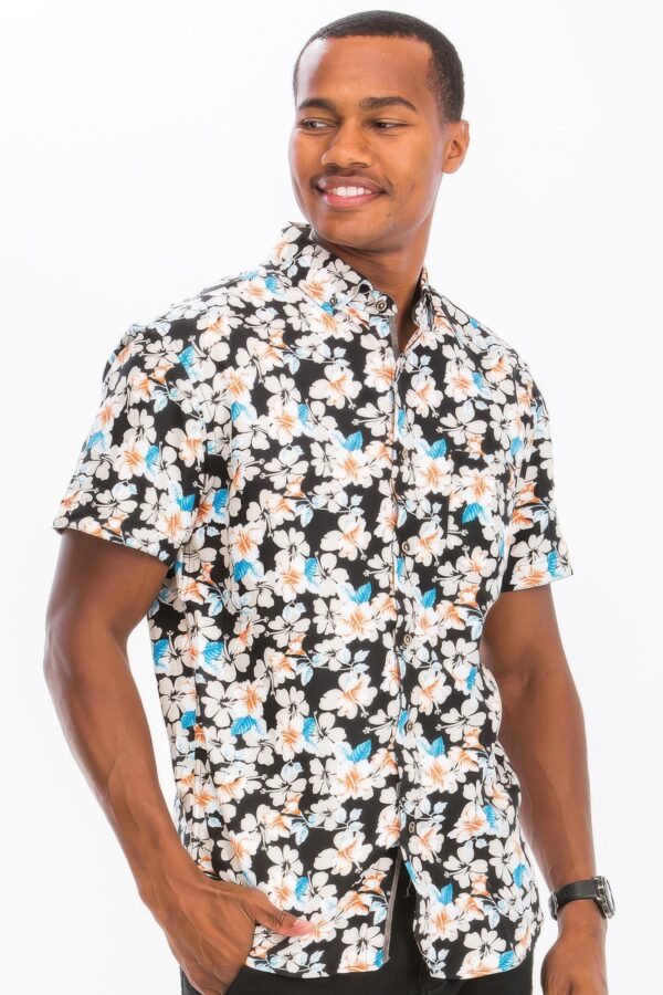 Men’s Tropical Print Hawaiian Button-Down – Black