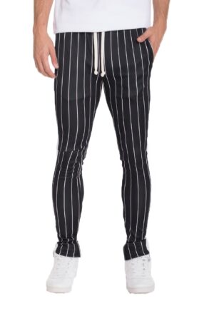 Pin Stripe Track Pants – Zipper Hem, Black & White