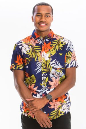 Men’s Hawaiian Print Button-Down Shirt – Multi-Color