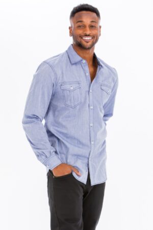 Men’s Casual Long-Sleeve Button-Front Shirt – Chest Pockets